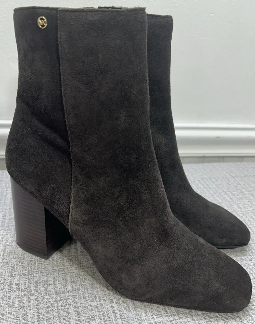Michael Kors Brown Suede Leather Block Heel Side Zip Ankle Bootie Women's 10